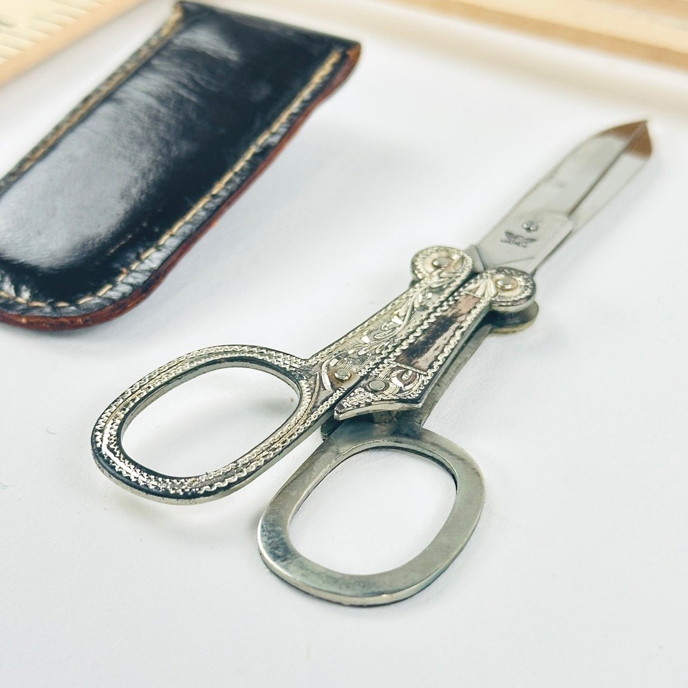 Japan Folding Scissors Silver Stainless High Steel Ornate With Case